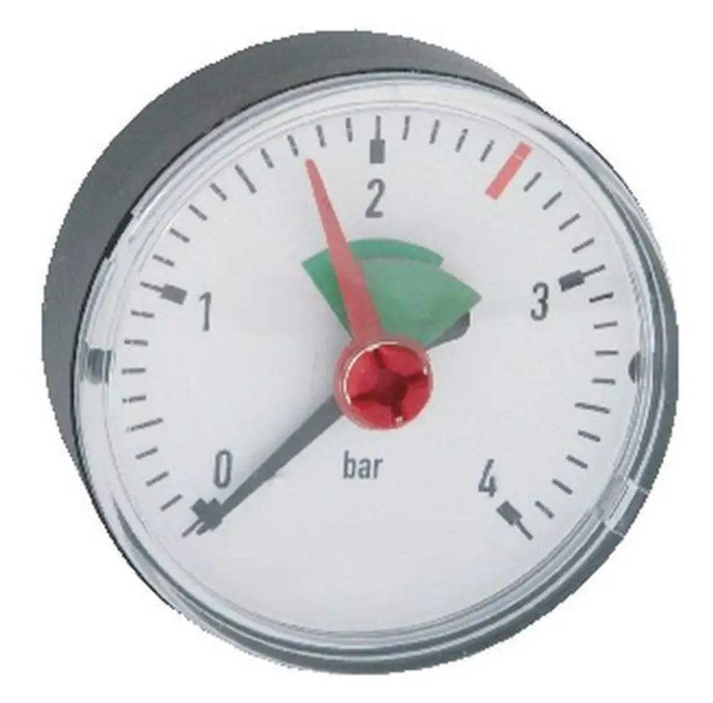 Syr Manometer in runder Bauform mit einem Ziffernblatt, das Druckwerte von 0 bis 4 bar anzeigt, ausgelegt für den Einsatz in Heizungsanlagen.